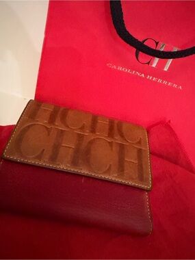 Carolina Herrera Brown Embossed CH Leather Card Holder